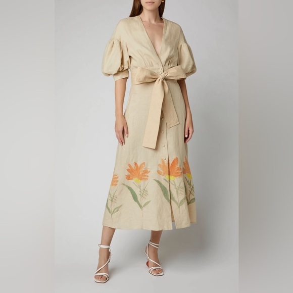 Silvia Tcherassi Cameron Puff Sleeve Linen-Blend Midi Dress - Picture 1 of 11